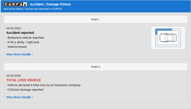 accidental damage history section on cheapcarfax.net sample report